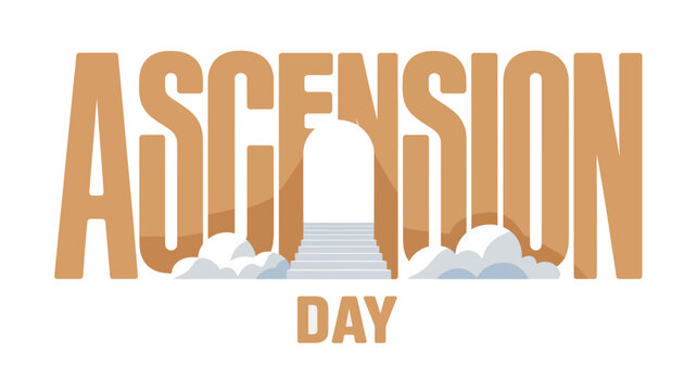 Vintage 3D Ascension Day typography with symbolic stairway to heaven and clouds