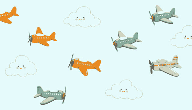 Whimsical Cartoon Airplanes and Happy Clouds Pattern on Light Blue Background