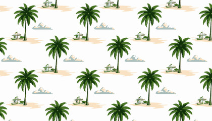 Fototapeta premium Seamless Tropical Beach Pattern with Palm Trees and Ocean Huts Under a Bright Sky with Fluffy Clouds on Sandy Shores