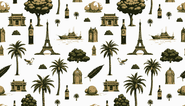 Seamless Pattern Featuring Iconic World Landmarks, Trees, Fruits, Beverages and Exotic Birds on a White Background