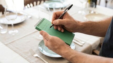 Fototapeta premium Waiter hands writing down an order with a pen on a green notepad at a set dining table