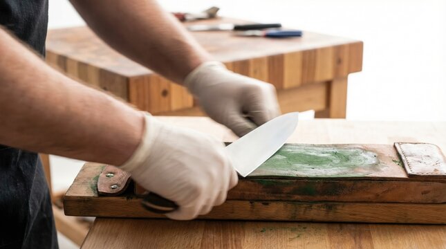 Chef wearing gloves sharpening a kitchen knife blade on a green compound leather strop