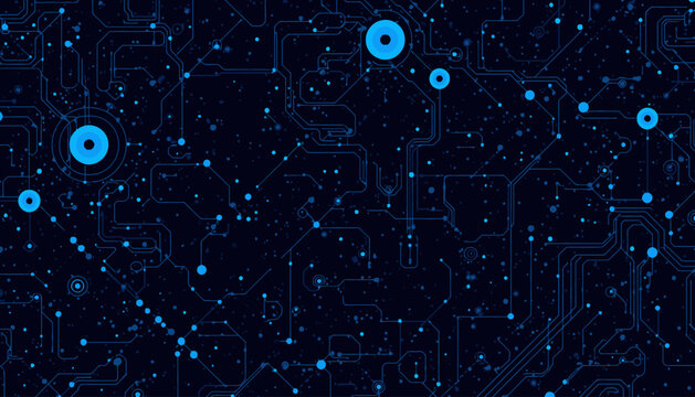 Intricate Digital Circuitry with Glowing Blue Nodes Illuminating a Complex Network of Electronic Pathways on a Dark Background