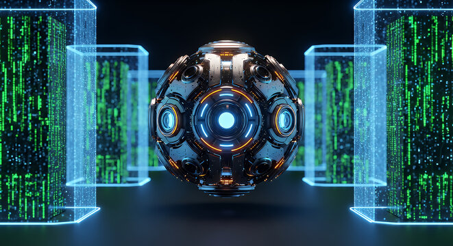 Sphere of complex engineering components illuminates the center of a dark room flanked by symmetrical translucent blocks displaying rapid scrolling green computer code sequences.