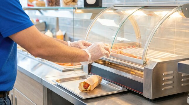 Vendor wearing gloves taking a hot dog out of a glass roller grill display at a food stand