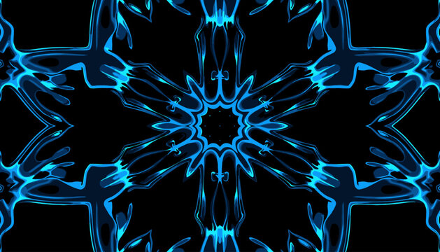 Intricate Symmetrical Blue Neon Kaleidoscope Pattern on Dark Background Creating Mesmerizing Abstract Visuals