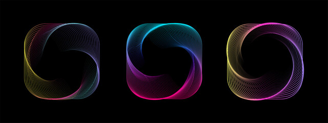 Geometric spiral icons feature abstract square patterns, glowing neon lines, and dynamic shapes perfect for modern logos, backgrounds, and futuristic digital art projects. © Sviatlana