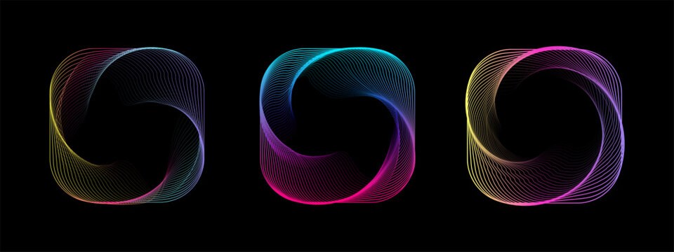 Geometric spiral icons feature abstract square patterns, glowing neon lines, and dynamic shapes perfect for modern logos, backgrounds, and futuristic digital art projects.