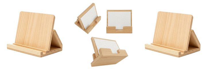 Set and collection of wooden display stands isolated on white transparent png background © charrro