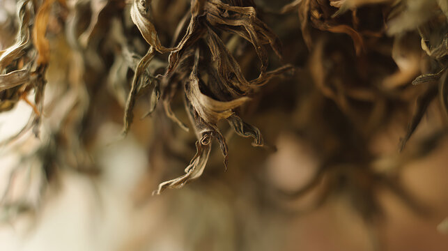 Closeup of dried tea leaves emphasizing clean environment and eco-friendly concepts