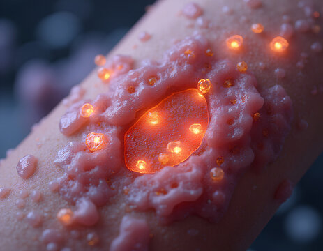Macro view of luminous blisters on human skin