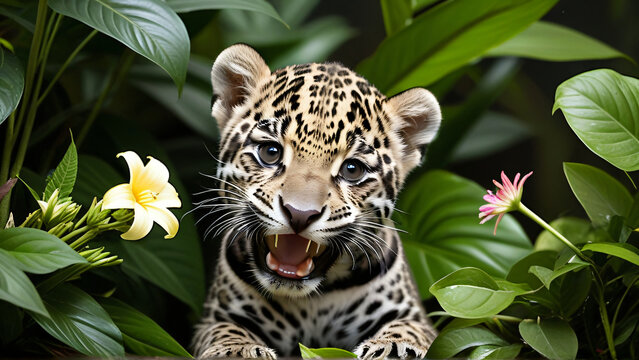 A young  silver  stealthy jaguar cute baby cub laughing
