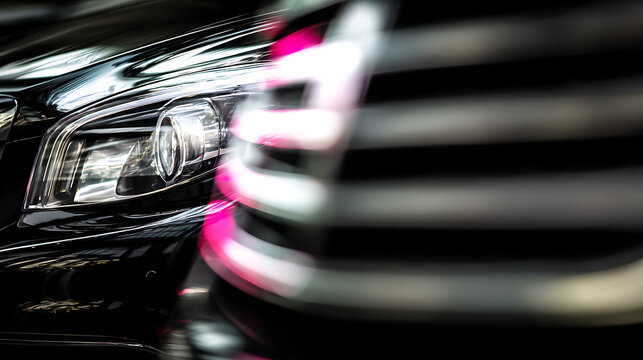 Closeup of a cars front grille and headlight emphasizing precision, focus, and dedication