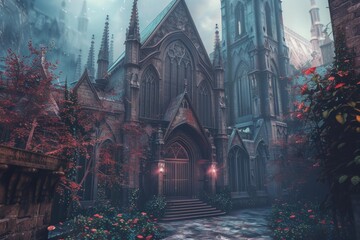 Naklejka premium Red flowers frame a gothic cathedral emerging from the fog in an enchanted forest, creating a mystical atmosphere