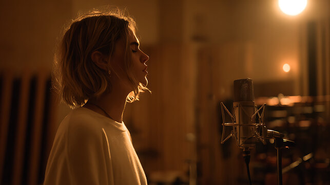 Woman singing in recording studio for engaging brand promotion and marketing