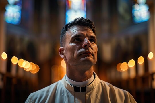 Priest wearing a white alb and black clerical collar looking upwards in a church with bokeh lights and stained glass windows in the background