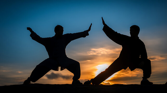 Two people practicing martial arts at sunset symbolizing innovation and digital transformation