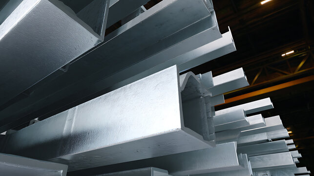 Stacked metal beams in industrial setting emphasizing advanced technology and cyber security