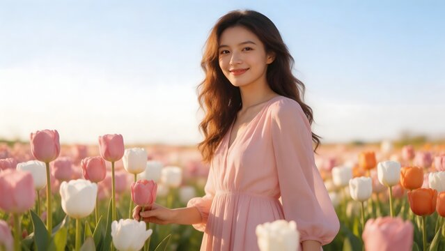 Woman in pink dress with tulips