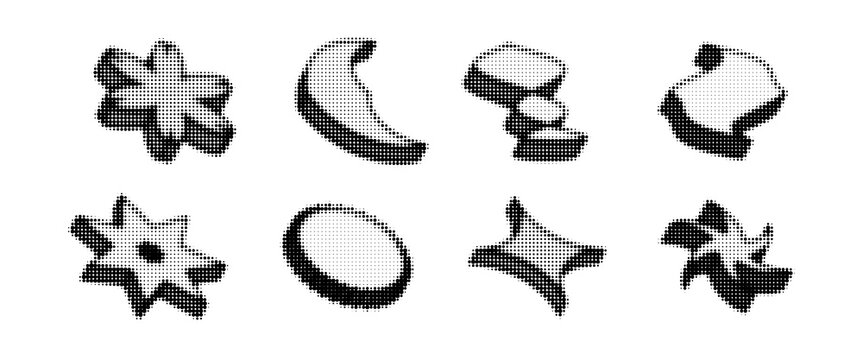 Colorful bitmap halftone shape set. Pixelated spark-shaped design element pack for banner, poster, leaflet, sticker, collage. Dither 3d raster object collection. Retro Y2K 8 bit effect bundle. Vector