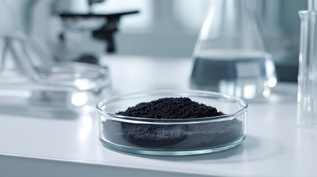 Black granular material in petri dish on laboratory table with blurred microscope and glassware, representing scientific research