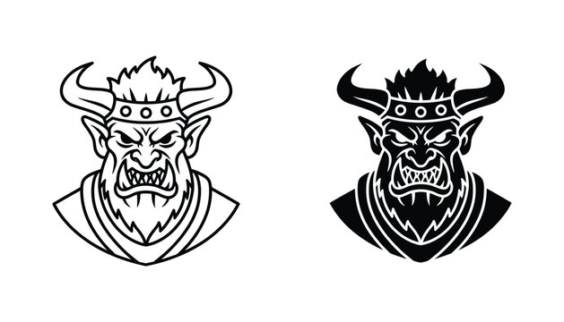 Angry horned orc warrior head icon in outline and solid black style for gaming design