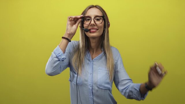 Young blonde woman wearing headset and glasses adjusting frames in yellow studio while smiling and facing camera; friendly support.