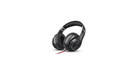 Fototapeta premium Modern black over-ear headphones with red cable isolated on white background.