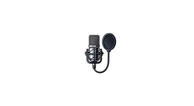 Professional studio microphone with pop filter isolated on white background.