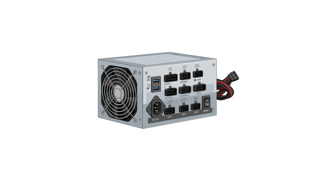 Modern computer power supply unit with multiple connectors and cooling fan.