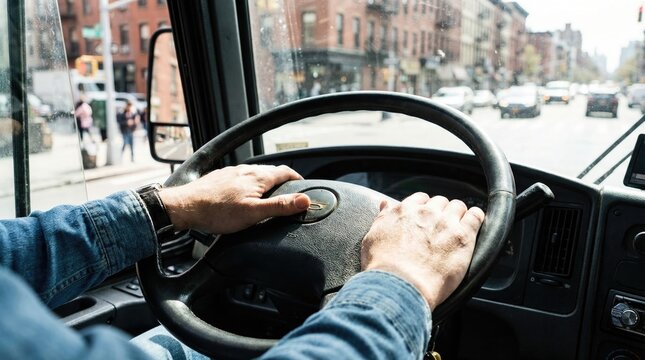 Driver hands pressing the horn on the steering wheel of a vehicle driving through city traffic