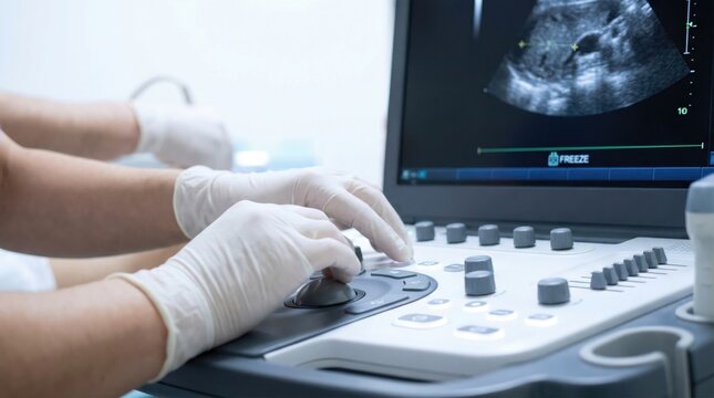 Doctor wearing gloves operating the control panel of a medical ultrasound machine in a clinic