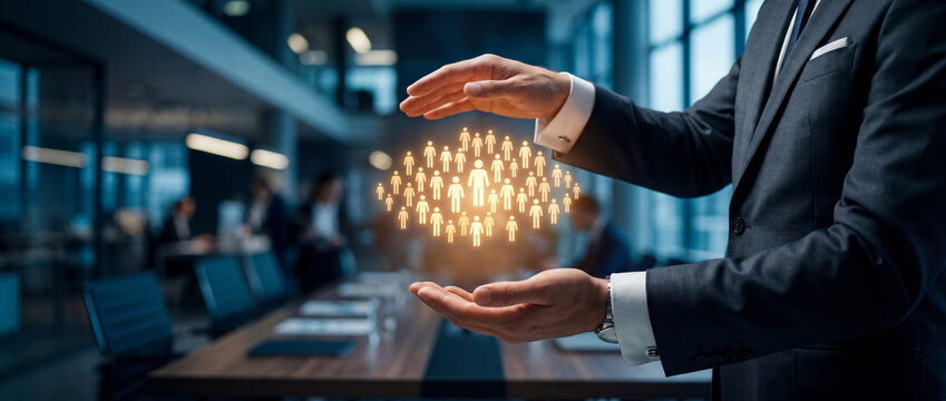 Professional hands protecting glowing human icons in office background, representing human resources insurance and team management concept, corporate safety and employee welfare focus
