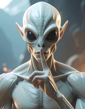 Gray alien with large dark eyes shushes, finger to lips, otherworldly being against blurry background