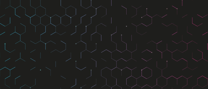Abstract futuristic dark background template with glowing neon cyan to magenta fragmented hexagon grid network