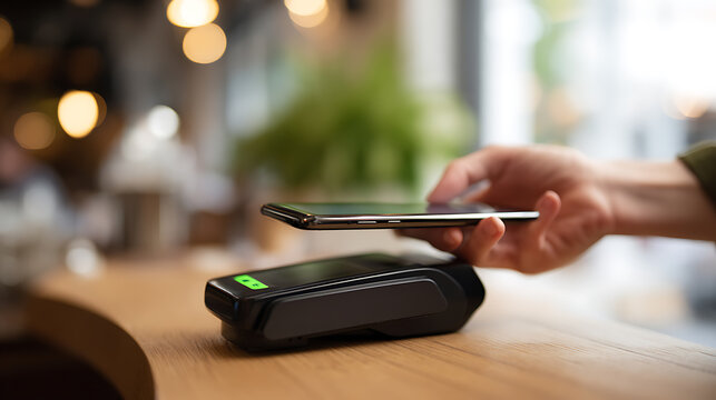 Modern contactless payment in a retail setting: A hand holds a smartphone over a payment terminal on a wooden surface, highlighting digital transactions