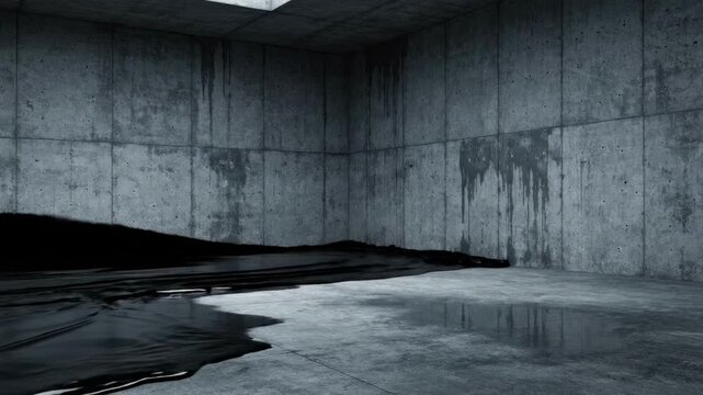 A dimly lit, empty concrete room with a puddle of dark liquid on the floor, evoking a sense of neglect and abandonment.