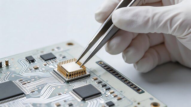 Hand placing microchip on circuit board