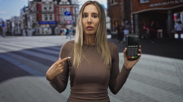 Woman points finger to card reader while holding payment terminal on a busy city street near shops; payment confusion.