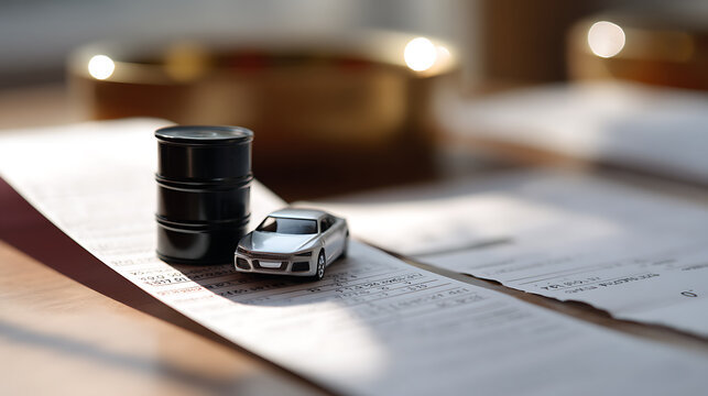 Miniature oil barrels stack next to a toy car on financial documents, representing energy cost, auto expense, and economic impact