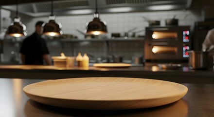 Fototapeta premium Empty plate on a counter in a professional restaurant kitchen with restaurant industry food preparation food service restaurant equipment
