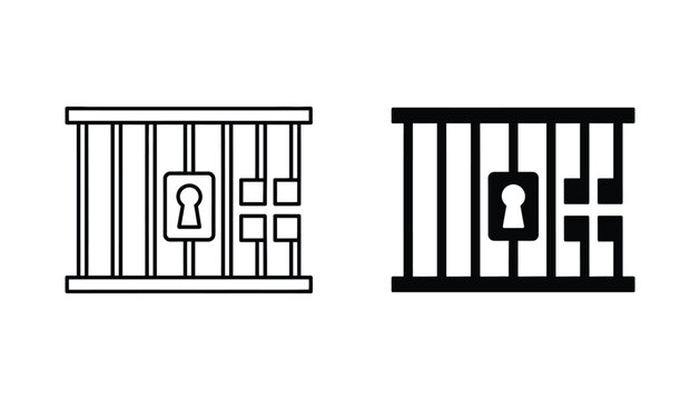Prison cell bars with keyhole outline and solid icon set representing security restriction law enforcement and justice system concepts