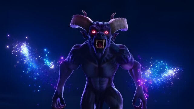 3D animated horned demon creature with glowing red eyes and magical particles walking on dark background.

