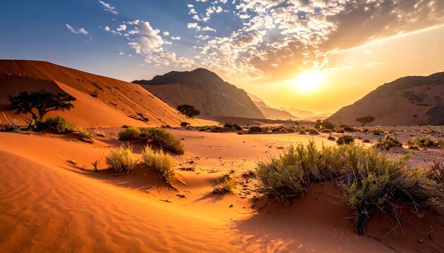 Desert landscape, orange dunes ripple towards mountains under a bright, partially clouded sunset