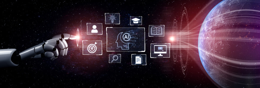 Concept of AI artificial intelligence supporting AI education solution, search, reskill, analytics and AI task management in a connected future AI wisdom digital workflow. Corpus