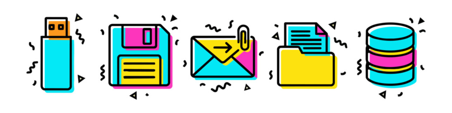 Data storage and digital information icons set in colorful memphis style