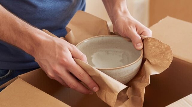 Close up of man hands carefully packing or unpacking ceramic dishware with paper, moving house, fragile items handling, relocation concept.