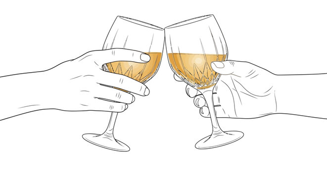 Two hands clinking wine glasses together in a toast, celebrating an occasion with a beverage.