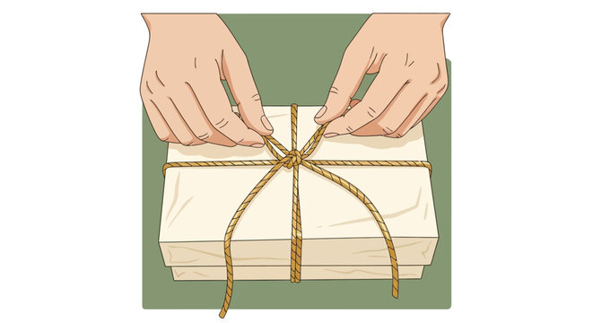 Hands tying a brown string around a white rectangular package.