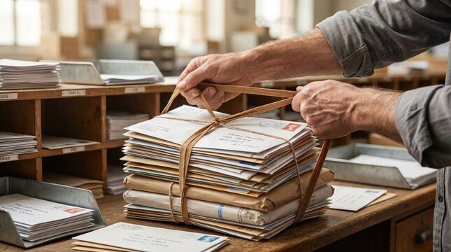 Postal worker hands tying a thick stack of letters and envelopes together with a brown string